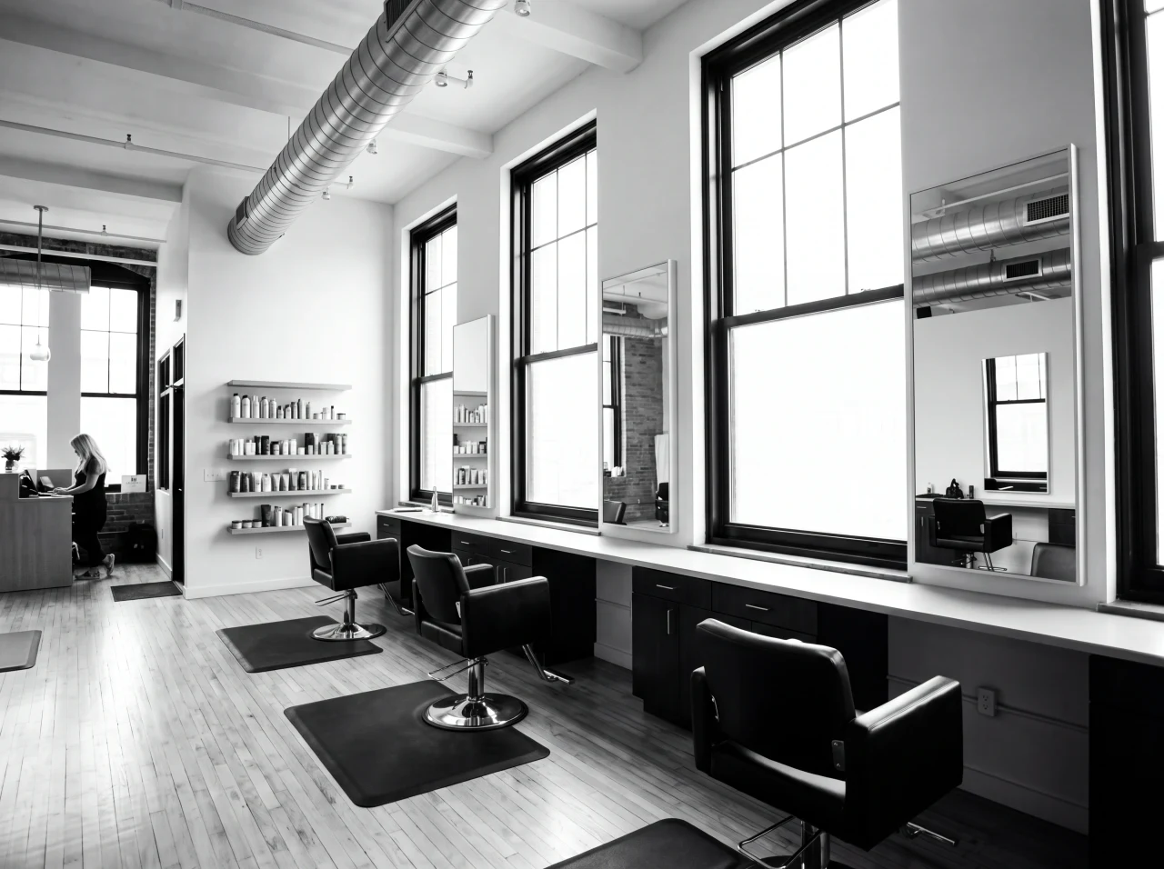 A calm, light-filled salon interior with styling stations and tall windows